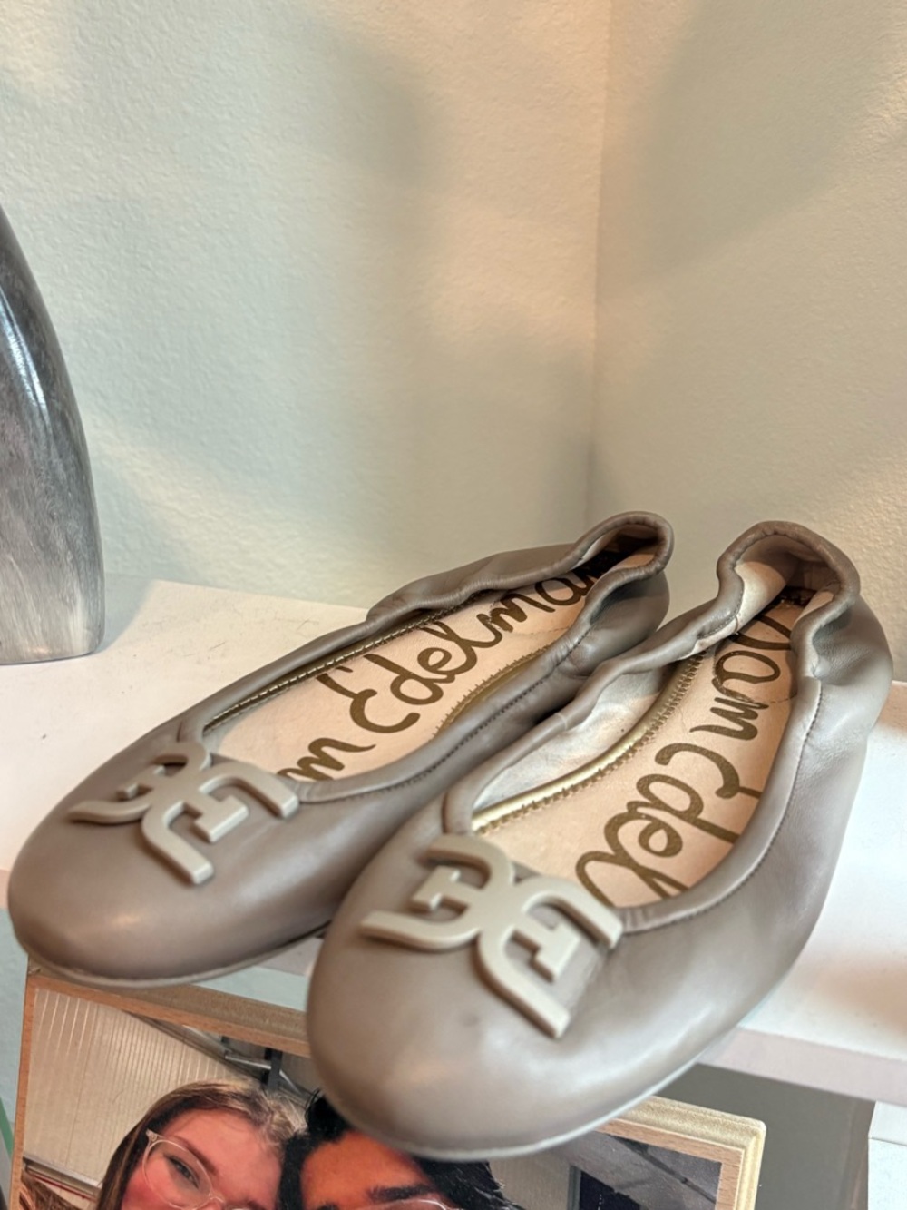 Sam Edelman Gray Taupe Ballet Flats with Logo Accent